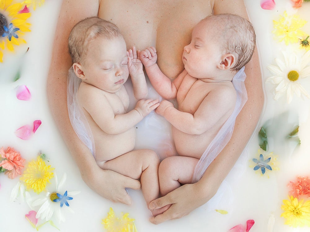 mother and twins in a milk bath