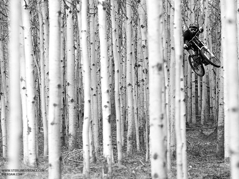 Matt Hunter jumping through Aspen trees