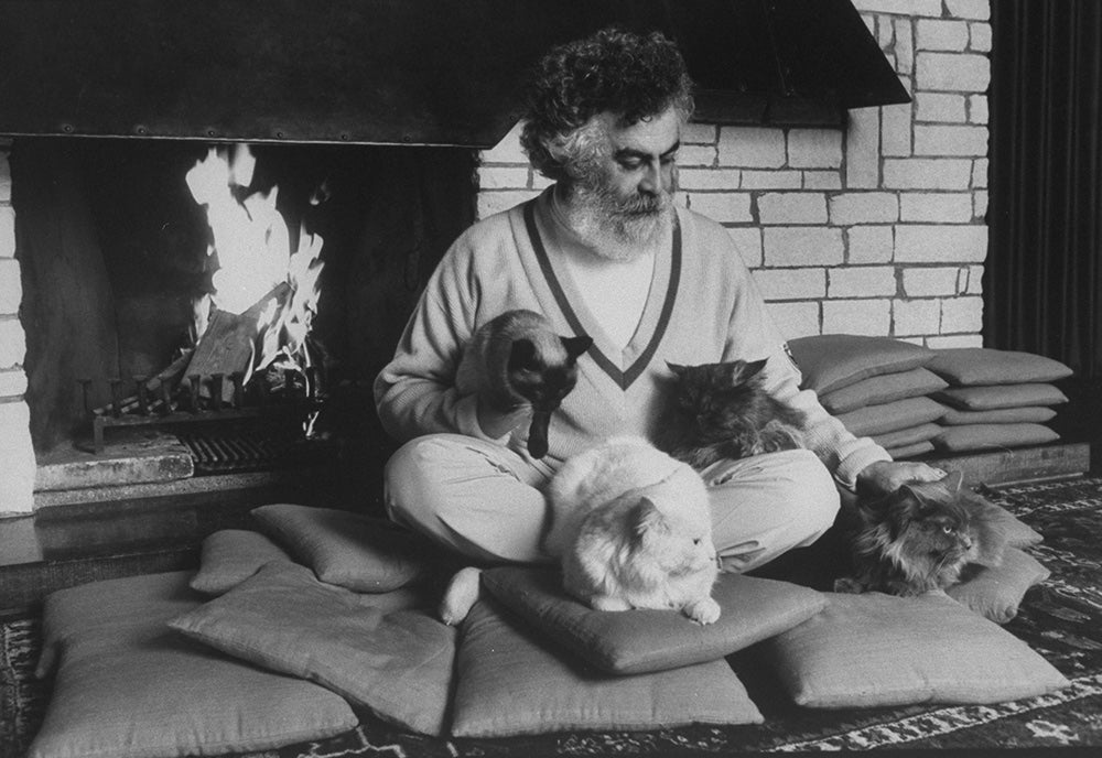 Armando Acosta with cats by the fireplace