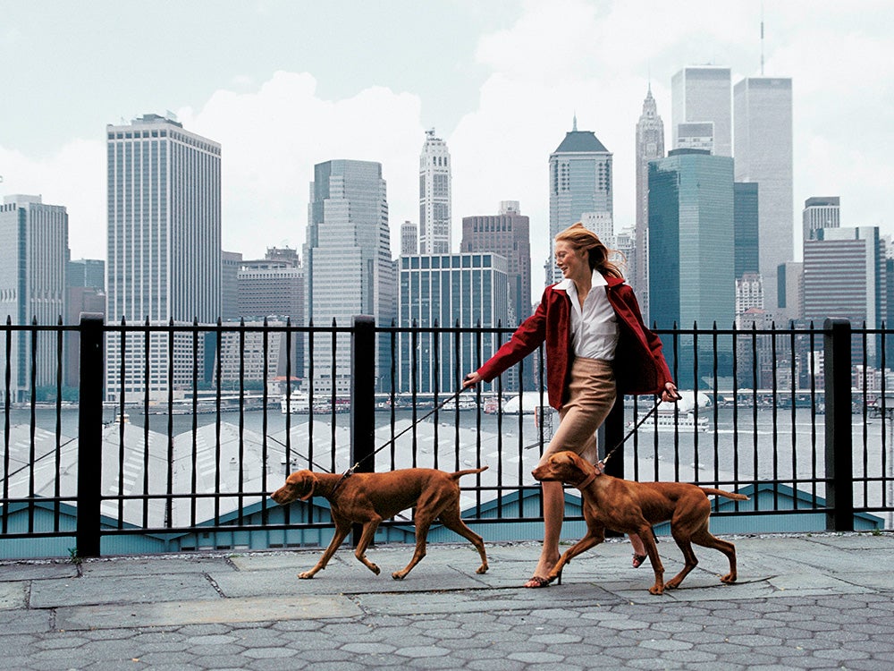 woman walking dog near world trade center