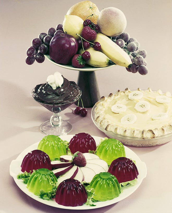 Desserts with fruits on white background