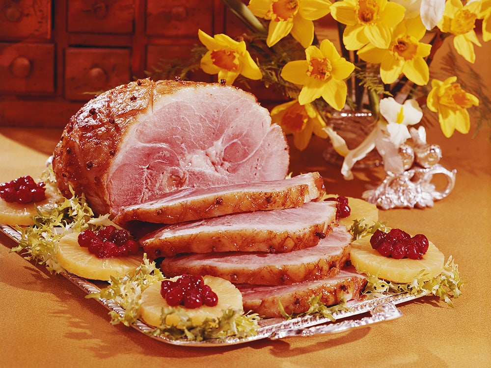 Sliced ham in tray