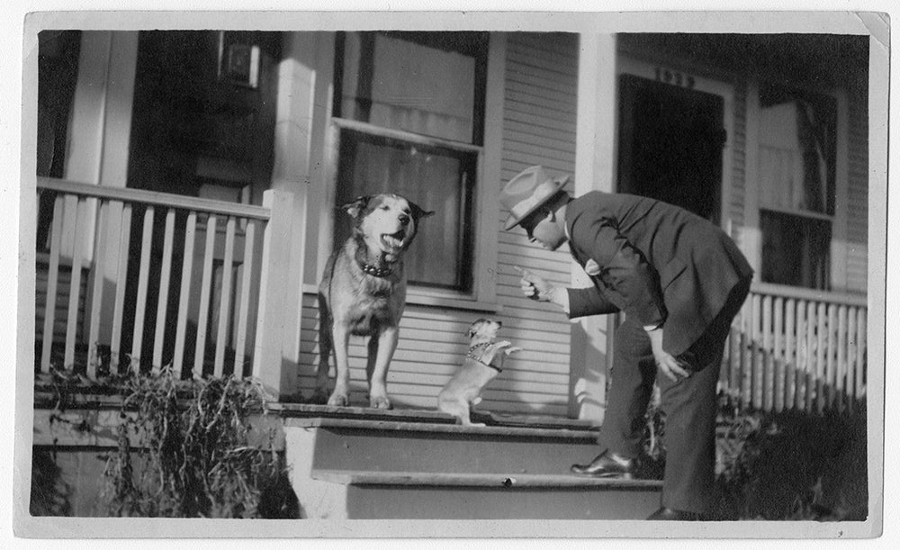 man and two dogs on the porch