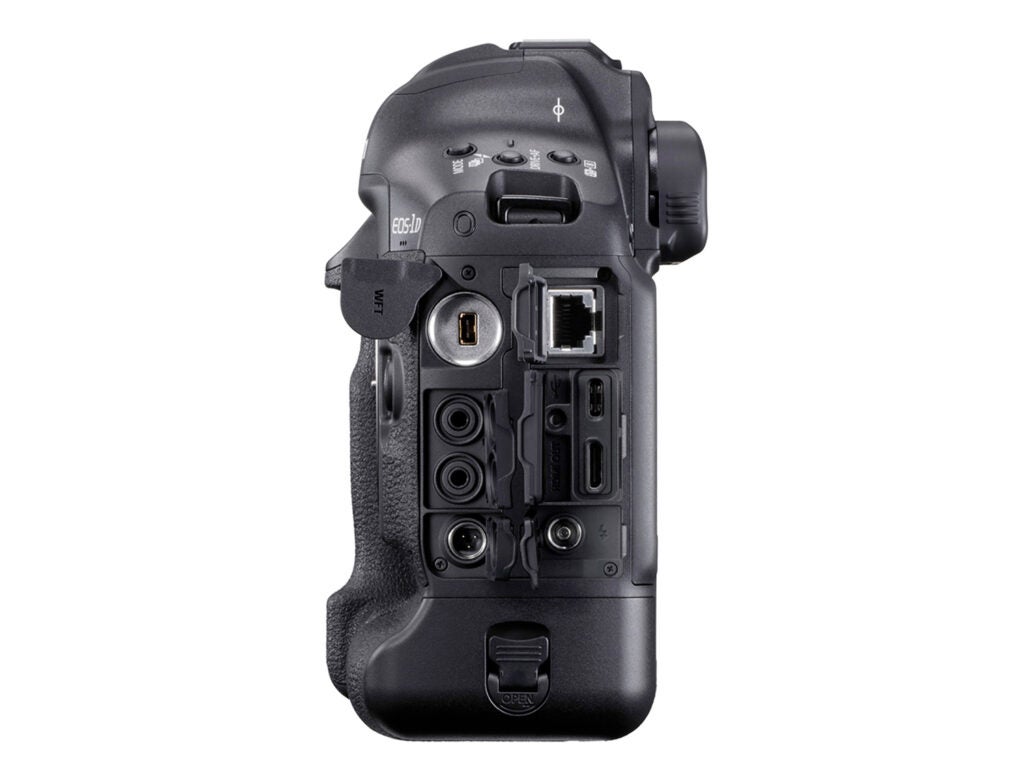 Side view of the EOS-1D X Mark III and its terminal ports.
