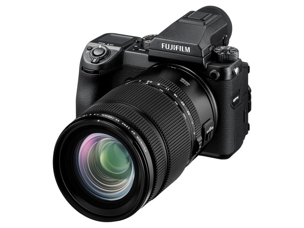 Fujifilm GF45-100mmF4 R LM OIS WR lens on camera