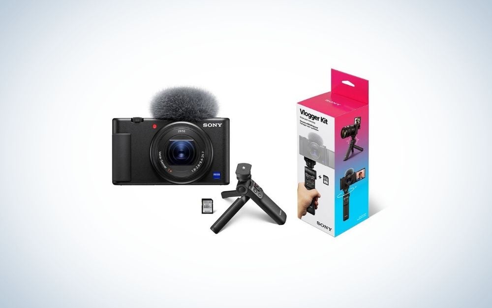 A black Sony camera with tripod for Father's Day gifts