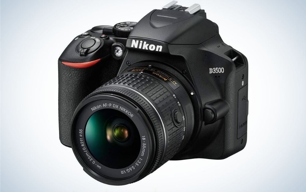 The Nikon D3500, a black-bodied camera with a red stripe around the shutter button, is the best DSLR camera for beginners.