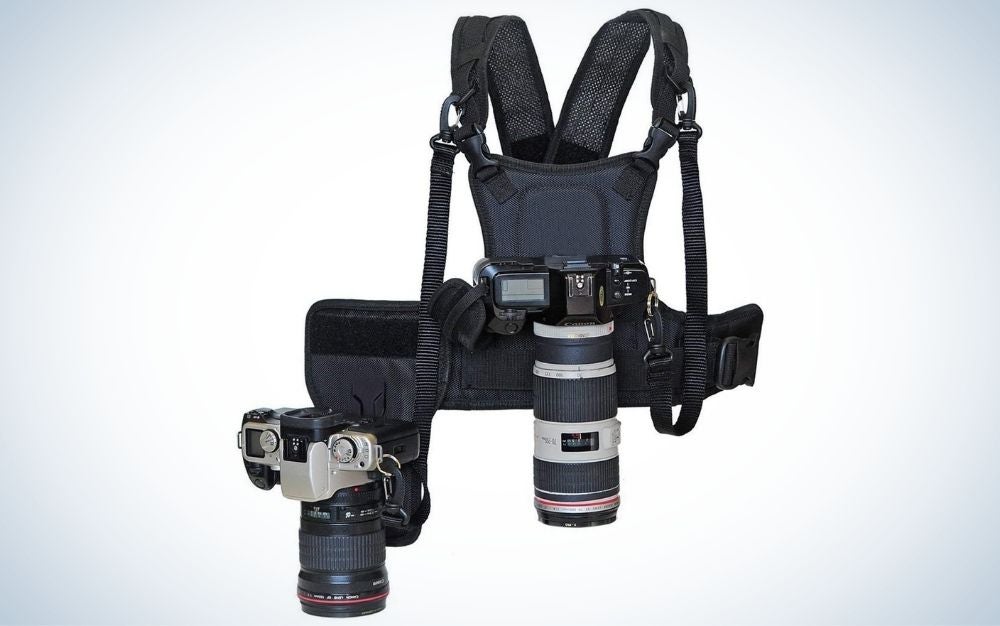Black dual camera strap harness vest with mounting hubs, side holster, and backup safety