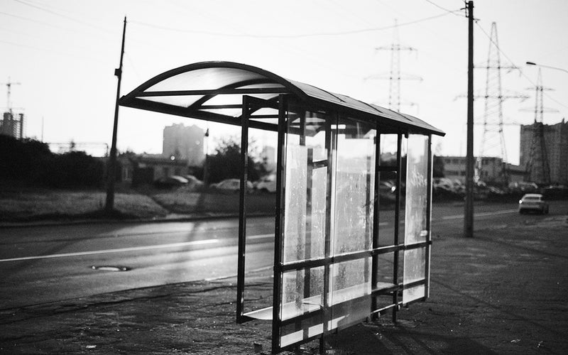 black and white bus stop