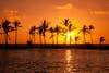 Two boats, a row of coco palms and a Vog filled sky