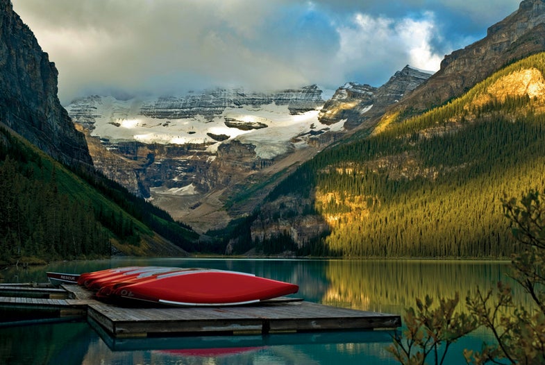 *Third Place July:* Gilles Marcotte, 42, an aspiring professional photographer from Kamloops, British Columbia, Canada, didn't just roll out of bed to get this sunrise shot at the Lake Louise boat launch in Banff National Park, Alberta. He made the four-hour drive in the wee hours to arrive at the popular spot before the hordes of tourists intruded on this serene scene. *Tech info:* Tripod-mounted Nikon D80 with 18–70mm f/3.5–4.5G Nikkor IF-ED DX lens. Exposure, 1/45 sec at f/8, ISO 100. Converted in Adobe Camera RAW; minor adjustments to contrast, saturation and sharpening in Photoshop CS3.