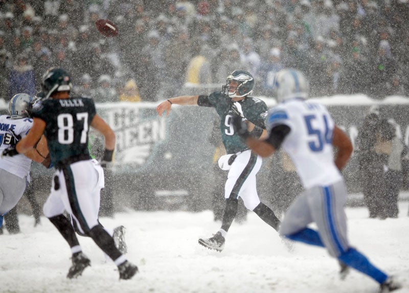 Philadelphia Eagles' Nick Foles is seen during the first half of an NFL football game against the Detroit Lions on Sunday, Dec. 8, 2013, in Philadelphia. (AP Photo/Michael Perez)