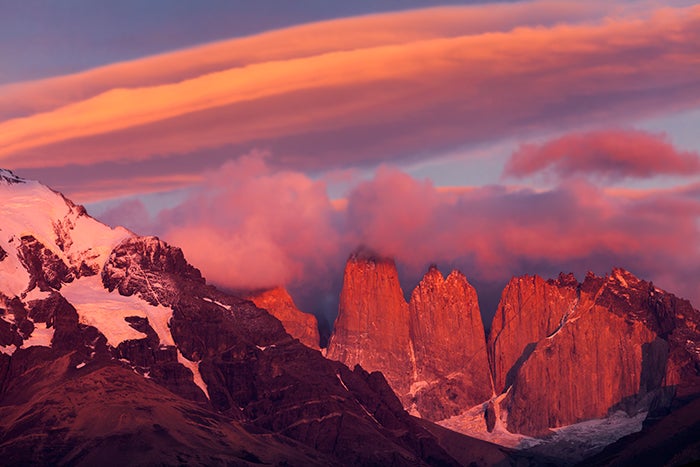 Las Torres at first light, Torres del Paine National Park, Patagonia, Chile.