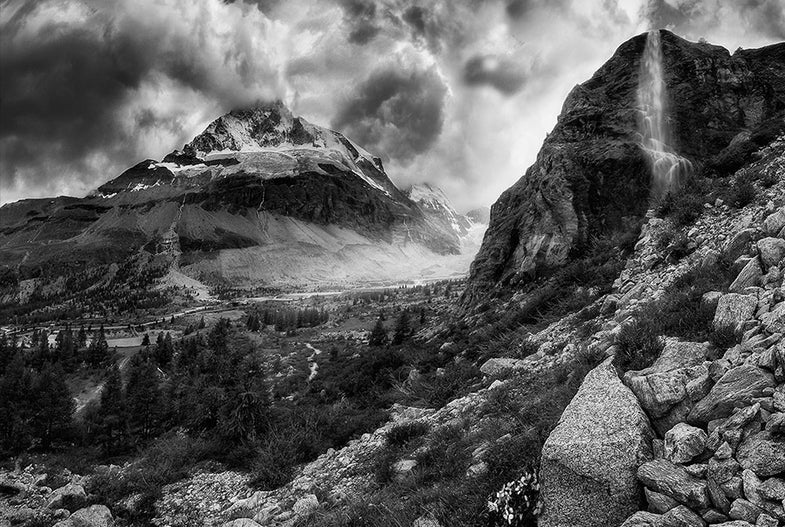 David Richter made this image at the Matterhorn in Valais, Switzerland. "This is a 16-shot, exposure and focal panoramic blend; looking across the Zmutt valley and glacier towards the north face of the famous Matterhorn, from the bottom of Arbenbach Falls." See more of David's work on Flickr and on his personal site.