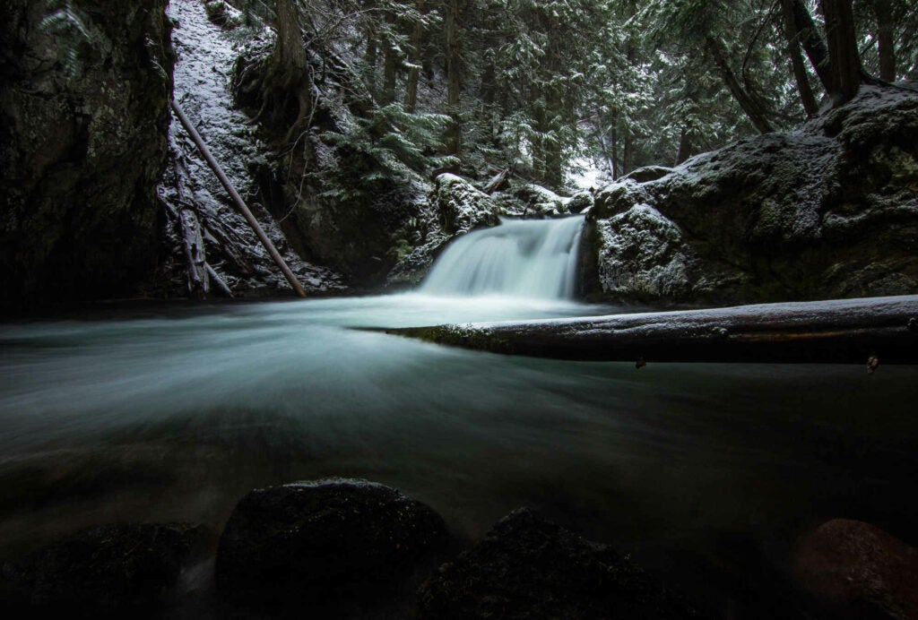 This is a small waterfall on the appropriately named Cold Spring Creek on Mt. Hood in Oregon. This is also the creek which makes Tamawanas Falls.