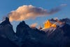 Sunset light striking Los Cuernos, Torres del Paine National Park, Patagonia, Chile.