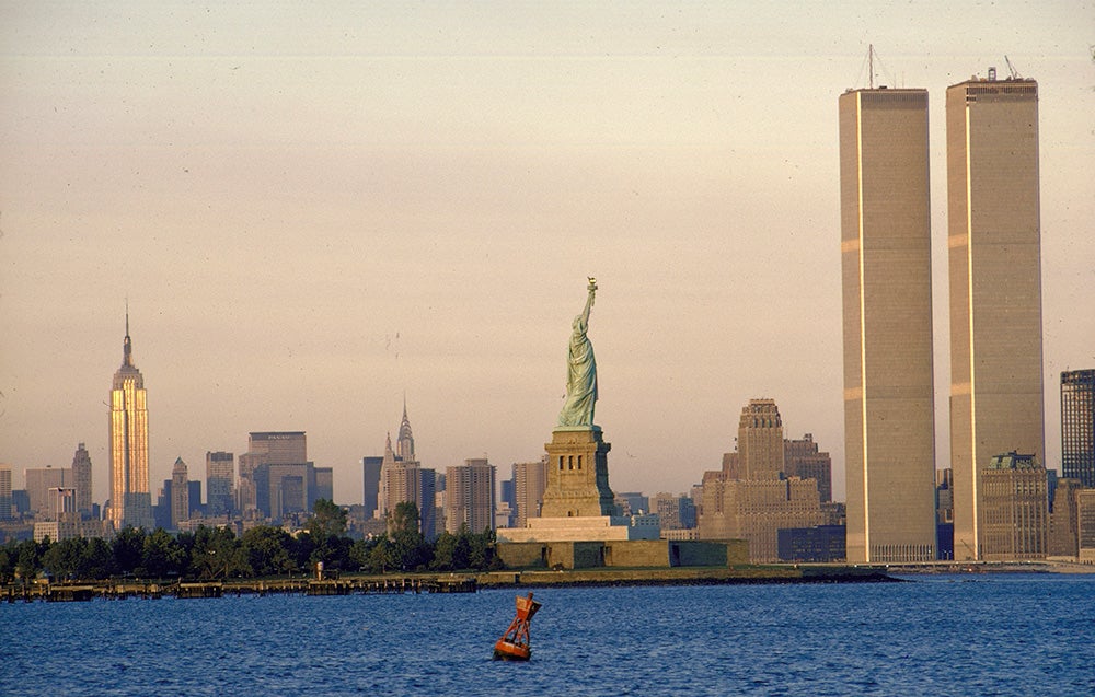 twin towers and statue of liberty