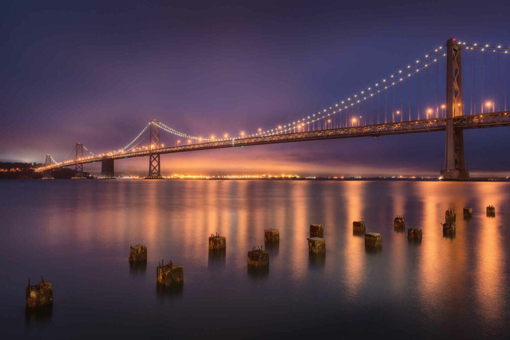 This is a long exposure shot of the San Francisco Bay Bridge.