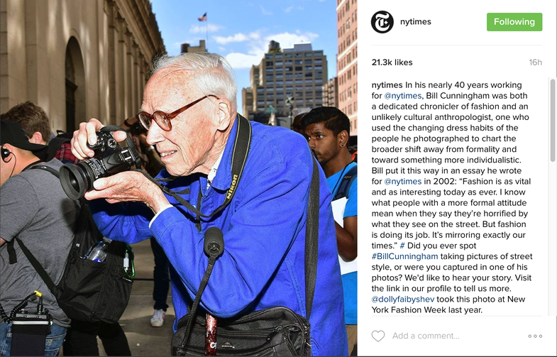 Bill Cunningham, fashion photographer for the New York Times, at work on the street
