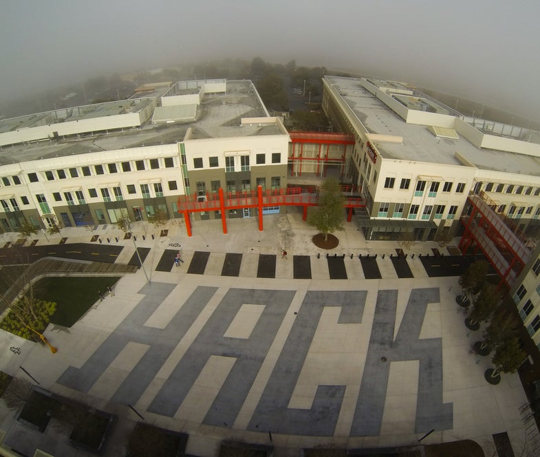 Facebook's famous "HACK" courtyard on a foggy day. Menlo Park, California.