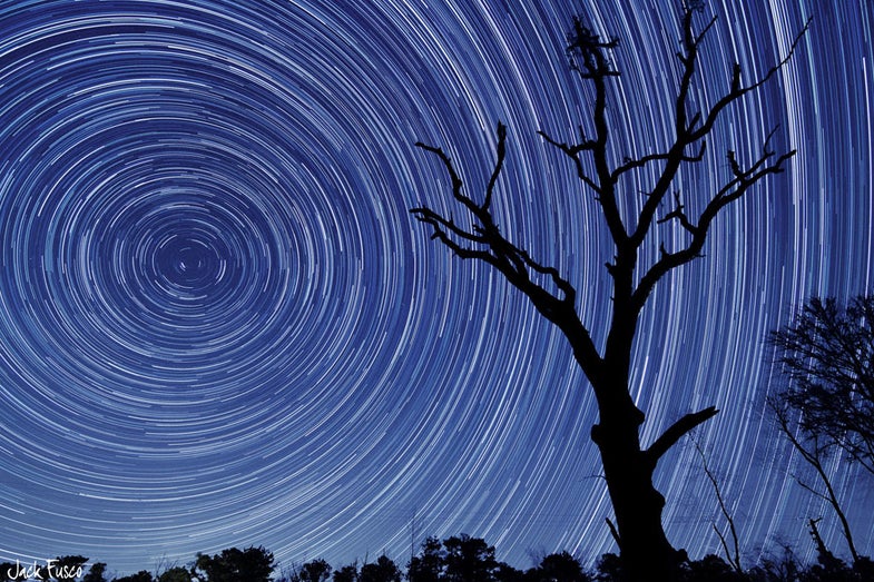 Jack Fusco, who shot this photo in New Jersey's Pine Barrens, impressively stacked 357 separate images to create the star trails seen here. See more of Jack's work on his Flickr.