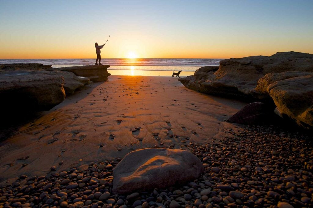 I was down at the beach tonight looking for a sunset shot.  The tide was out and I found a spot between some exposed rocks that I thought would make a good point of view.  But the scene was missing something.  Just then a guy showed up playing ball with his dog, and I knew I had the scene I was looking for. The shot was taken hand-held with a Nikon Df equipped with a Nikkor 20mm f/1.8 lens (ISO 200, f/4, shutter speed 1/640 sec.).