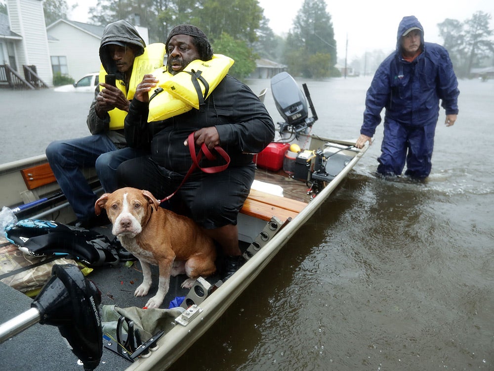 volunteers rescuing residents from flood