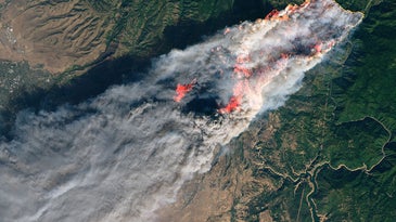 a satellite view of a massive plume of smoke and fire