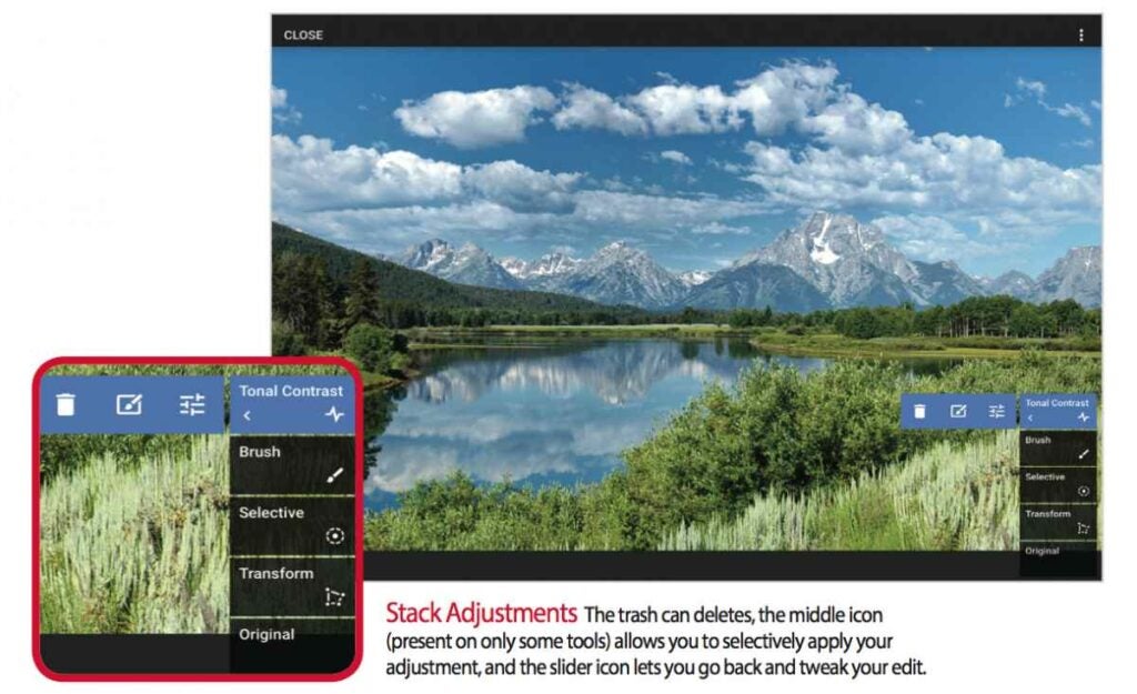 From the main screen, tap the number next to the Save button to open Stacks. Click on a stack to see what the image looks like up to that point. Tap the left arrow to open the flyout for each tool or filter if you want to readjust, mask out a portion, or delete. I decided I didn’t like the exposure adjustment I brushed on in Step 3 and clicked the Trash icon to delete it. Alternatively, I could have selected the slider icon, which would take me back into the brush adjustment step for additional tweaking. Some adjustments offer a third choice to apply/erase the effect with a mask. Tap Close when you’re done.