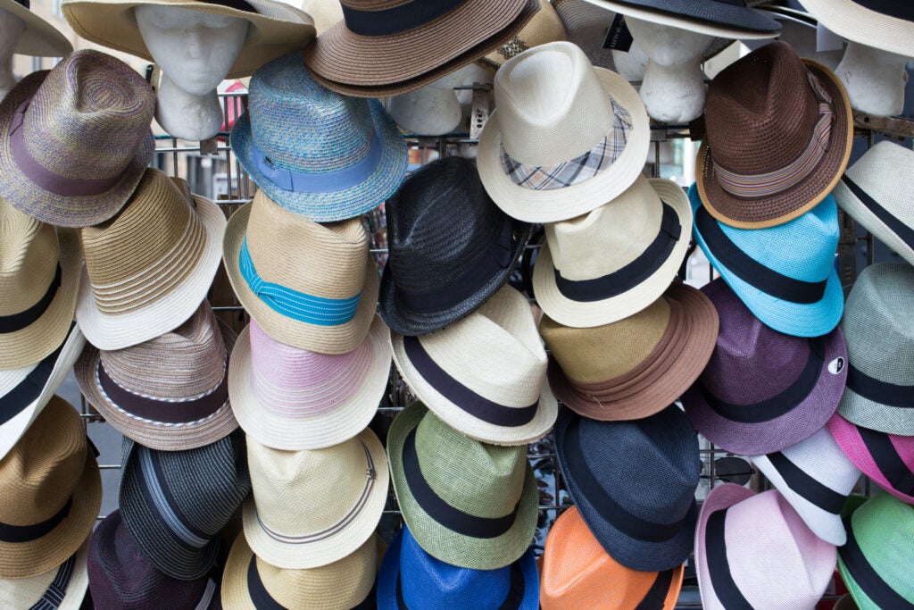 This hat display shows off a variety of different, but similar tones and textures. I wouldn’t be caught dead wearing one of them, but they make for a mighty fine sample image.