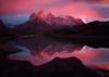 Los Cuernos at dawn during fiery sunrise, Torres del Paine National Park, Patagonia, Chile.