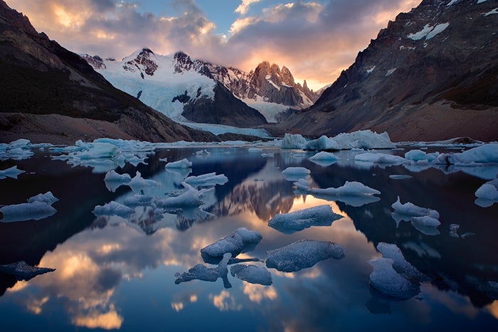 Laguna Torre full of icebergs and Cerro Torre at sunset, Los Glaciares National Park, Patagonia, Argentina.