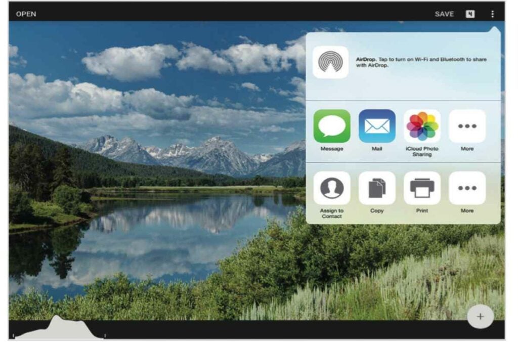 Tap Save to save the image as either an original or a copy (I prefer the latter). To share, print, or perform other actions, tap on the three dots in the upper right. Choose Share to share the image via email, Message, iCloud, Google+, for example. Or, if you want to work on the image in another app, tap Open In to see a list of options, such as Instagram, among the apps you have installed.
