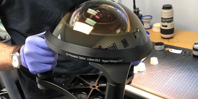 This massive fisheye lens weighs more than 25 pounds and can see behind itself