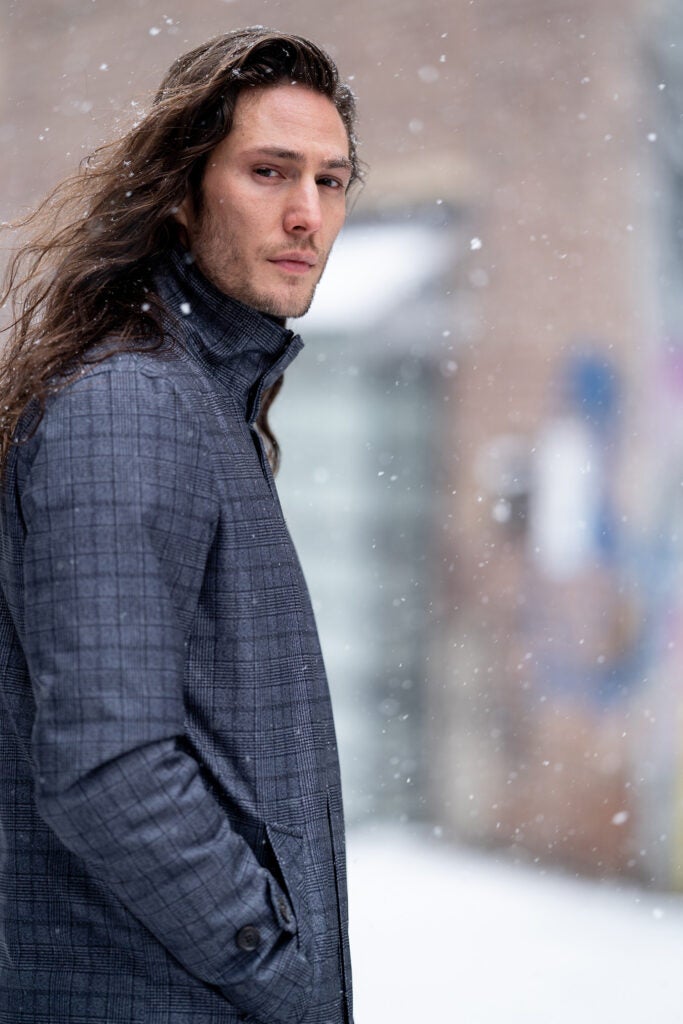 model with long hair in the snow
