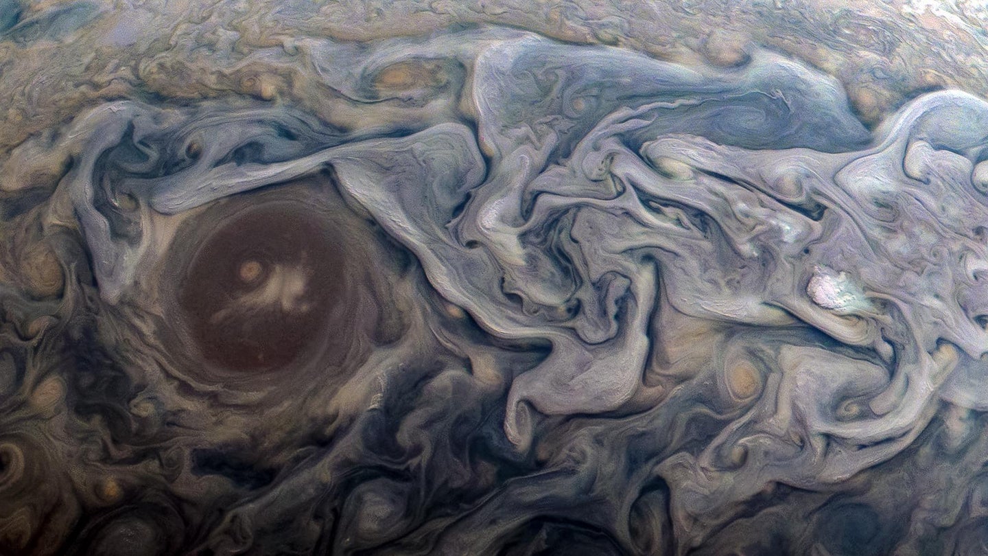 A color-enhanced photo of Jupiter's clouds