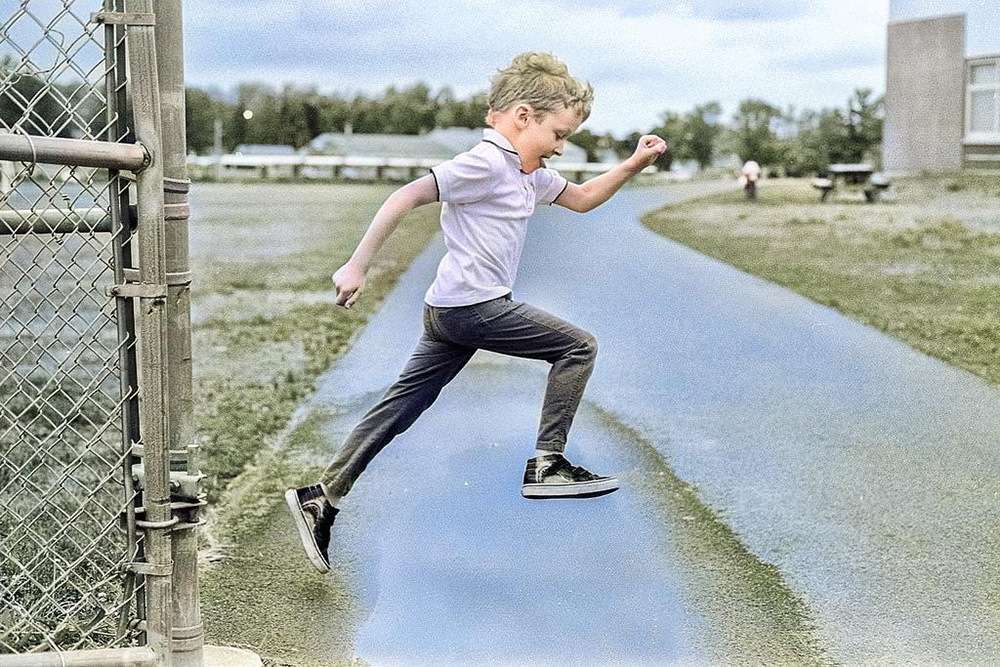 ian jumping image with colourised algorithm