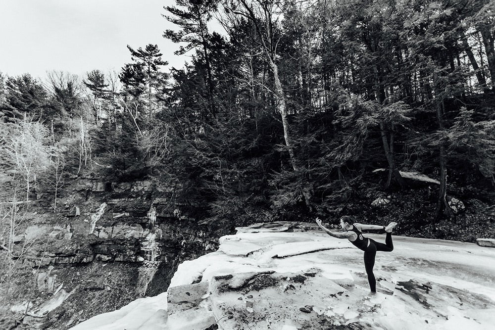 yoga in nature in black and white