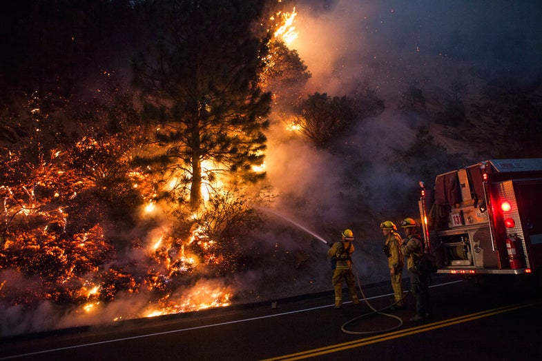 Firefighters work to prevent the Rim Fire from jumping Highway 120 near Buck Meadows, California, August 24, 2013. A fast-moving wildfire on the edge of Yosemite National Park has forced the closure of two more areas of the park, but an official said on Saturday he was cautiously optimistic that firefighters could halt the advance of flames. The fire, which had grown to just over 125,000 acres (50,585 hectares) as of early Saturday, remained largely unchecked with extreme terrain hampering efforts at containment, which stood at 5 percent. REUTERS/Max Whittaker (UNITED STATES - Tags: DISASTER ENVIRONMENT TPX IMAGES OF THE DAY) - RTX12VNV