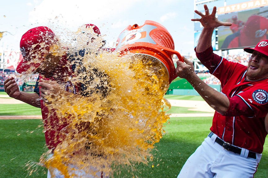 Washington Nationals celebrate after defeating the Milwaukee Brewers, Sept. 22, 2012.