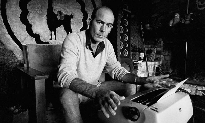 ASPEN CO - CIRCA 1976: Journalist Hunter S. Thompson sits at his typewriter at his ranch circa 1976 near Aspen Colorado. (Photo by Michael Ochs Archives/GettyImages)