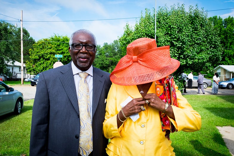 Albert and Gracie Neal pose for a portrait during the Sparkman Training School's reunion church service, Sparkman, Arkansas. Sparkman Training School was an all black segregated school every two years classmates come back to celebrate the school's legacy.