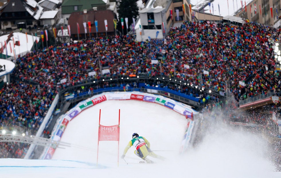 Aksel Lund Svindal of Norway skis during the second run of the men's Giant Slalom race at the World Alpine Skiing Championships in Schladming, Austria. Dominic Ebenbichler is a Reuters staffer who often photographs sports. See more work on Dominic's <a href="http://dominicebenbichler.com/">personal site</a>.