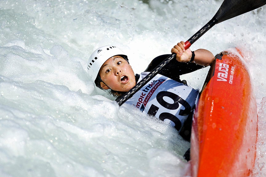 A kayaker competes in the Olympic Team trials for Whitewater Slalom at the U.S. National Whitewater Center in Charlotte, NC, April 25, 2008.
