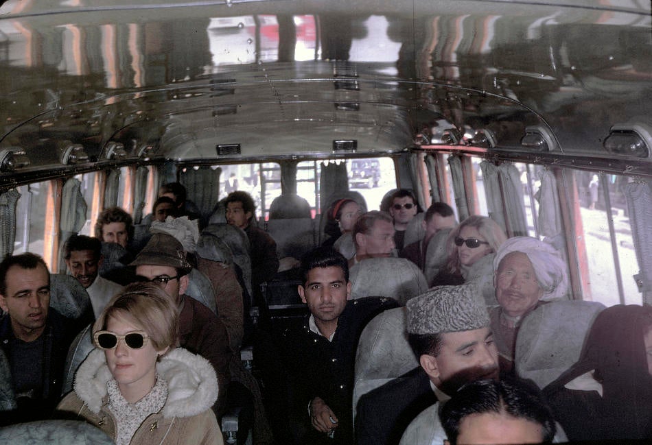 Podlich's daughter, Peg, on a bus from Kabul to Peshawar