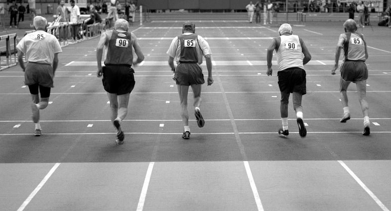 The 85 and over age groups run the 55 meter sprint at the 2008 USA Master's Indoor Track & Field Championships in Boston, Massachusetts. March, 2008.