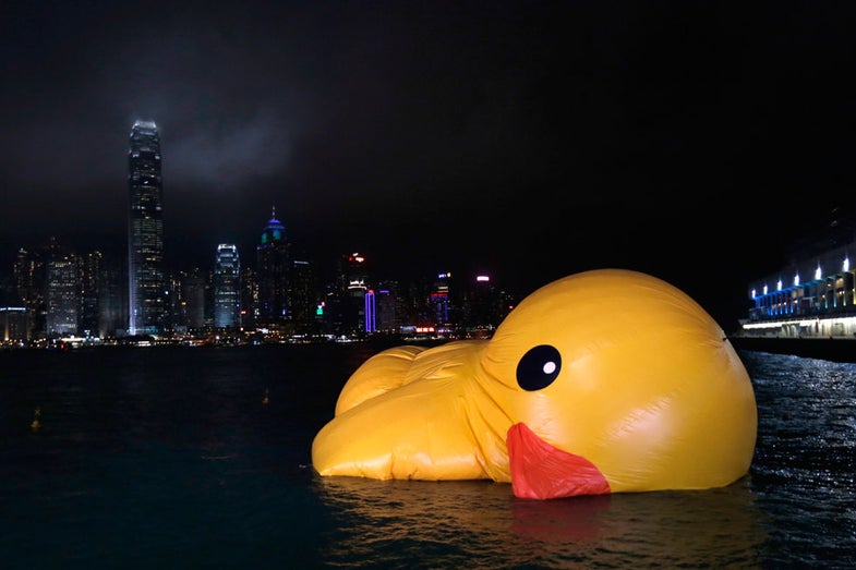 A deflated Rubber Duck by Dutch conceptual artist Florentijn Hofman floats on Hong Kong's Victoria Harbour, with the island skyline looming at the background, May 14, 2013. The 16.5-meter-high inflatable sculpture, which made its first public appearance in the territory on May 2, will be shown at the Ocean Terminal for a month. The Rubber Duck was deflated after some of its parts broke. REUTERS/Tyrone Siu (CHINA - Tags: SOCIETY TPX IMAGES OF THE DAY) - RTXZLXM