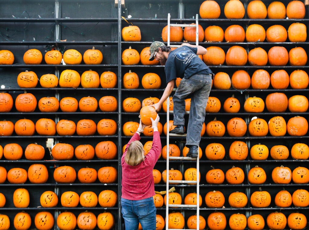 Steve Ward and Donna Workman add pumpkins to a display as work on Ric Griffith's Pumpkin House continues on Friday, Oct. 24, 2014, in Kenova, W. Va. Sholten Singer is a photojournalist at The Herald-Dispatch in Huntington, W. Va.