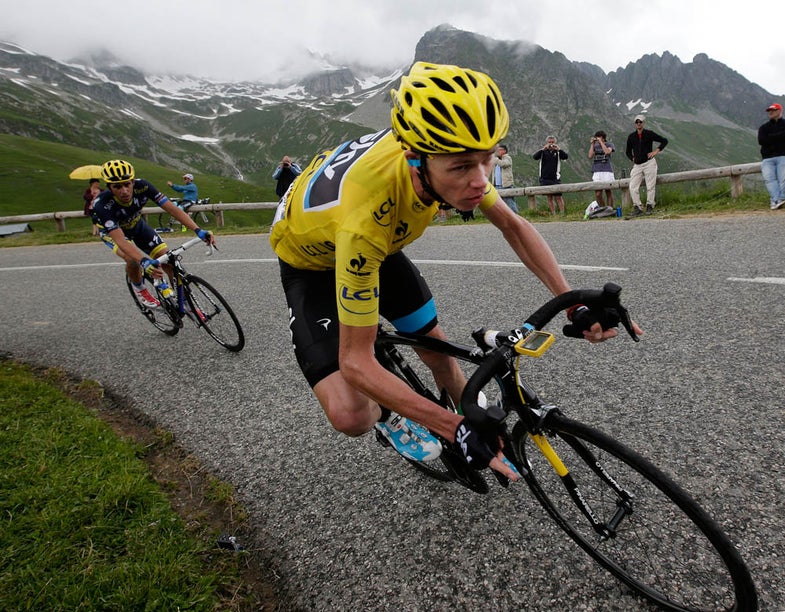 Race leader jersey holder Team Sky rider Christopher Froome of Britain cycles during the 204.5 km stage of the centenary Tour de France cycling race from Bourg d'Oisans to Le Grand Bornand, in the French Alps, July 19, 2013. REUTERS/Jacky Naegelen (FRANCE - Tags: SPORT CYCLING TPX IMAGES OF THE DAY) - RTX11S2J