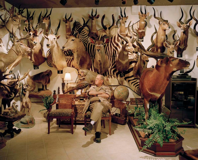 untitled hunter, trophy room # VII, dallas, texas For his 14 year quest and collection in fair chase of all the Spiral Horned Antelope of Africa and many sub species of which 17 of 19 are record class, and in addition a recipient of the Africa Big Game Award for the successful collection under fair chase conditions of the African Elephant, Buffalo, Lion and Leopard.